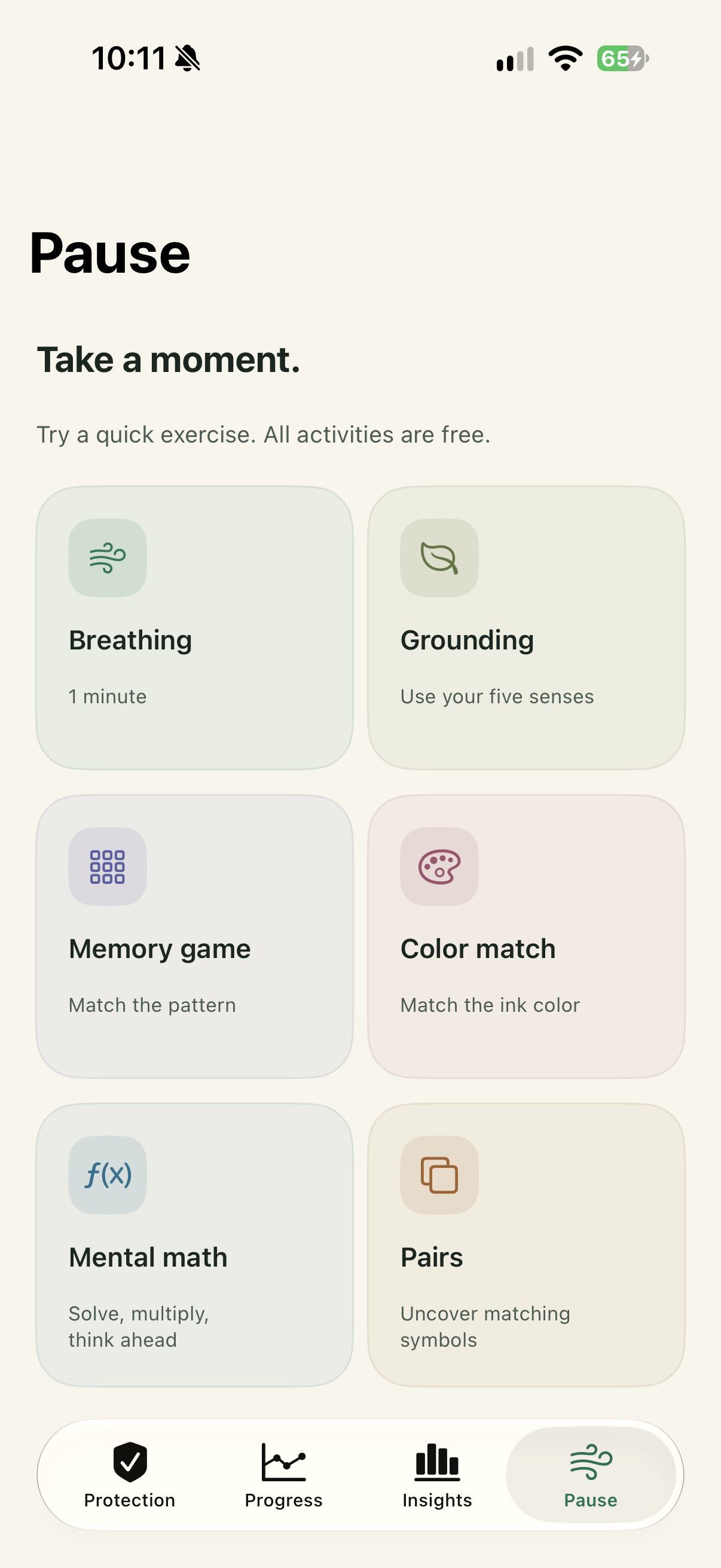 Six free Pause activities: breathing, grounding, memory, color match, mental math and pairs