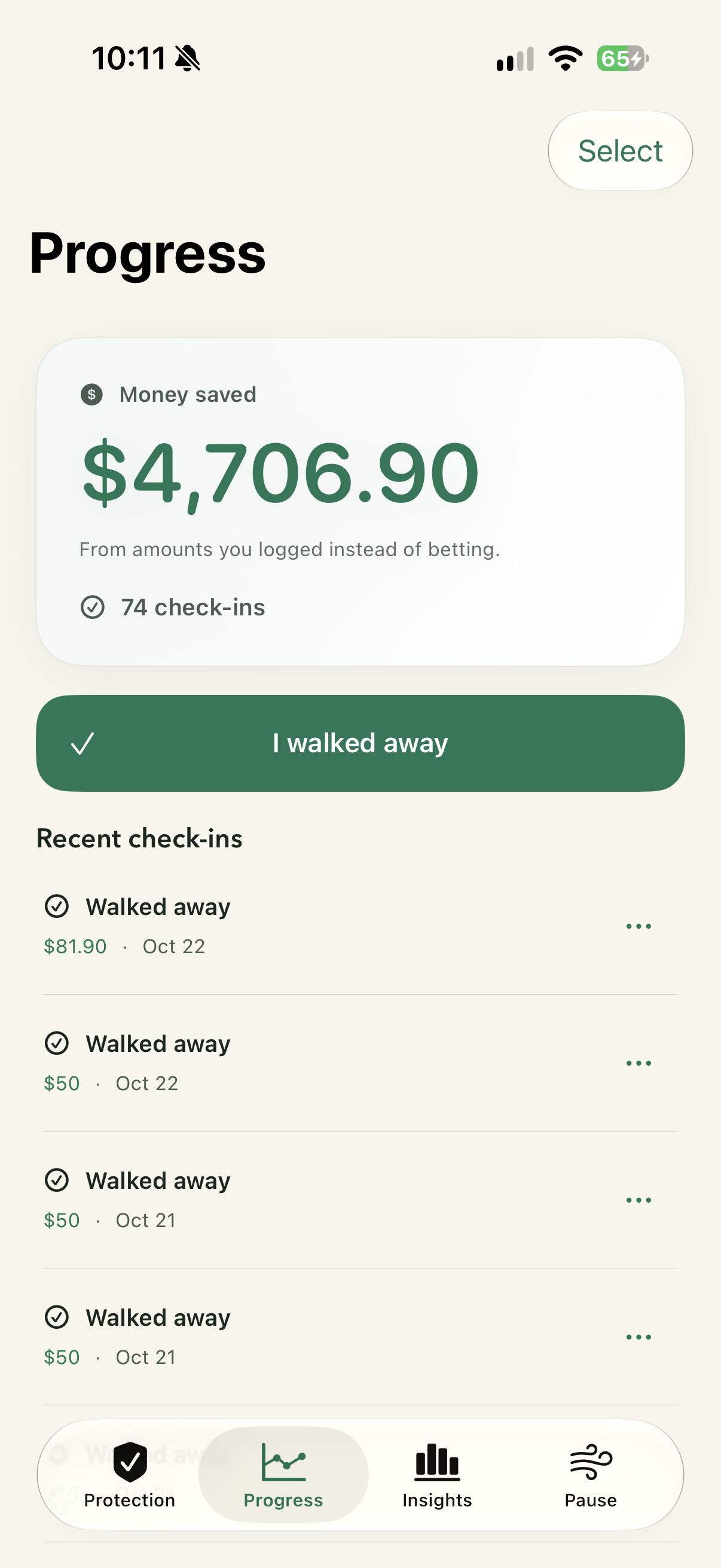 Progress dashboard with confirmed recorded savings and optional check-ins
