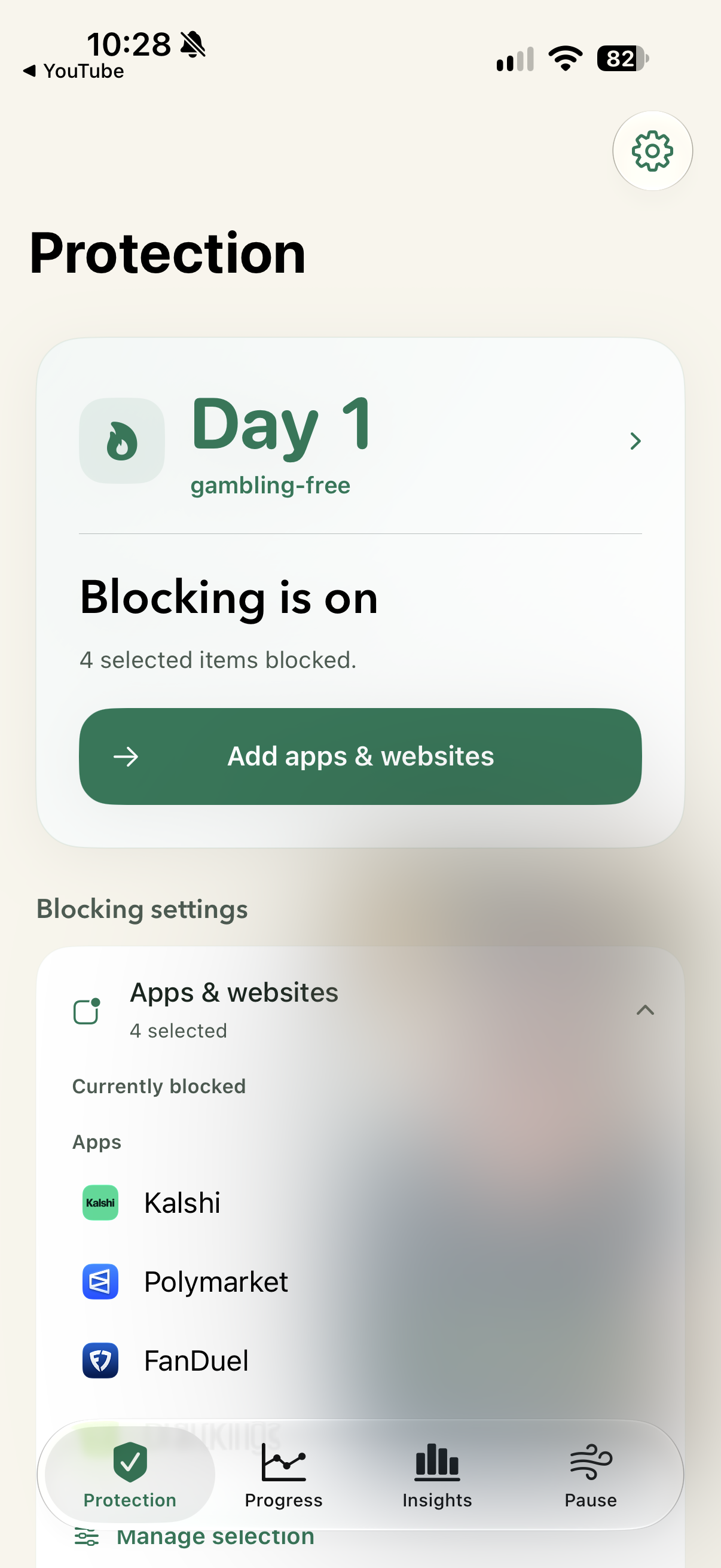 WealthLock Protection home with a self-reported streak and blocking controls