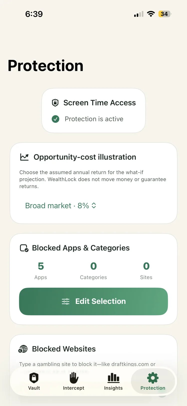 WealthLock Protection controls for blocked apps and websites