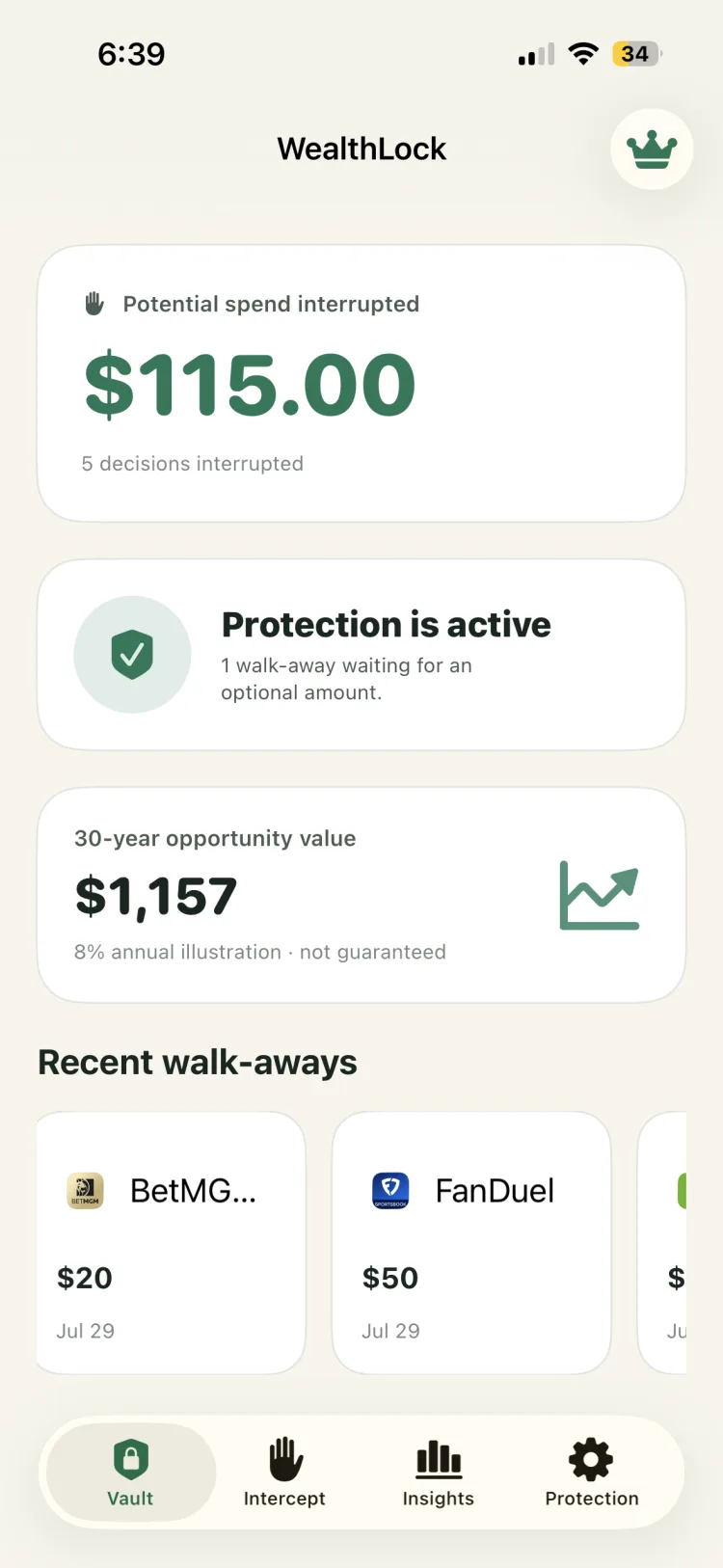 WealthLock Vault showing interrupted decisions and their illustrated opportunity value